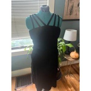 Vintage 70s Black Velvet Strappy A-Line Knee Length Dress by Kappi